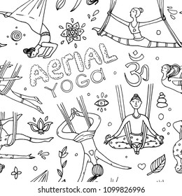 Beautiful hand drawn illustration aerial yoga. Doodle style drawing.