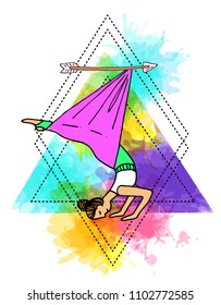 Beautiful hand drawn illustration aerial yoga. Doodle style drawing.