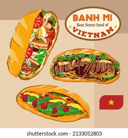 Beautiful Hand drawn Illustration of Banh Mi from Vietnam. All look tasty, delicious and crispy!!