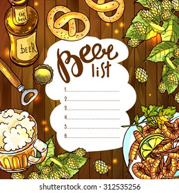 Beautiful hand drawn illustration beer and snacks. Food top view.