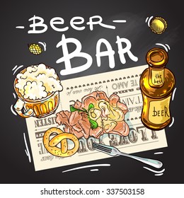 Beautiful hand drawn illustration beer and snacks. Food top view.