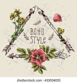 Hermosa ilustración de flechas y flores. Elementos para invitaciones bodas al estilo boho. Ilustración floral decorativa con flechas y rosas.