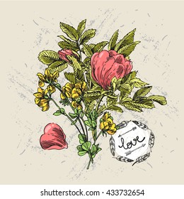 Beautiful hand drawn illustration boho flowers. Flowers for boho-style  wedding invitations. Decorative floral illustration with flowers of rose.
