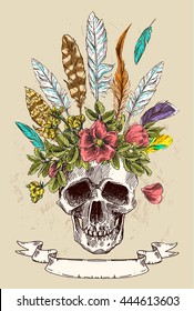 Beautiful hand drawn illustration boho flowers, skull, feathers.  Decorative poster ethnic style. 