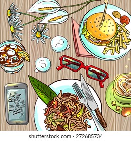 Beautiful hand drawn illustration business lunch top view