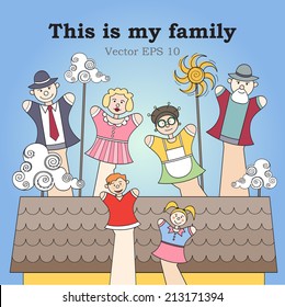 Beautiful hand drawn illustration with cartoon puppet theater with the image of the family.  Illustration for use in design, made in vector