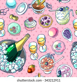 Beautiful hand drawn illustration champagne and sweets top view