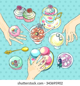 Beautiful hand drawn illustration champagne and sweets top view
