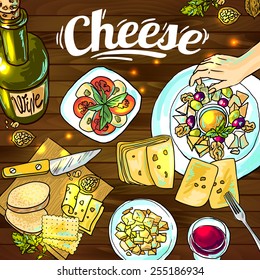Beautiful hand drawn illustration cheese top view