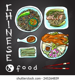 beautiful hand- drawn illustration chinese food on the chalkboard  background