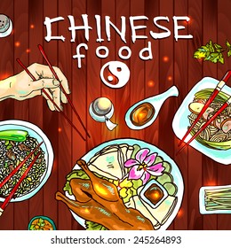 beautiful hand- drawn illustration chinese food on the wood  background