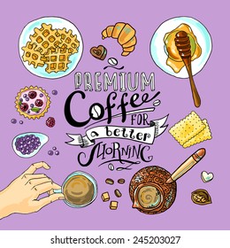 beautiful hand- drawn illustration coffee and  sweets