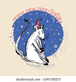 Beautiful hand drawn illustration. Cute white rat is a little thoughtful on the eve of the holiday on a background of the starry New Year sky. Year of the Rat 2020. Mouse vector sketch in retro style.