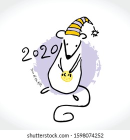 Beautiful hand drawn illustration with cute white rat in a festive cap. Year of the Rat 2020. Mouse vector sketch in retro style. Greeting vector card for Happy New Year congratulations. 
