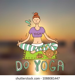 Beautiful hand drawn illustration do yoga on blurred sunset background. Doodle style drawing.