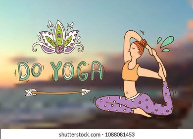 Beautiful hand drawn illustration do yoga on blurred sunset background. Doodle style drawing.