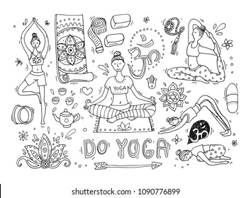 Beautiful hand drawn illustration do yoga. Doodle style drawing.