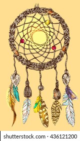 Beautiful hand drawn illustration dreamcatcher. Boho style dreamcatcher. Sketch style feathers.