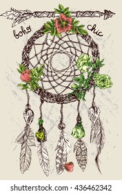 Beautiful hand drawn illustration dreamcatcher. Boho style dreamcatcher. Sketch style feathers.