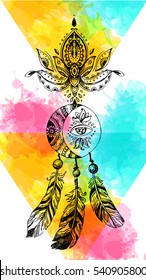 Beautiful Hand Drawn Illustration Dreamcatcher. Boho Drawing. Indian Style Pattern.