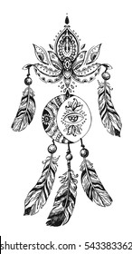 Beautiful hand drawn illustration dreamcatcher. Boho drawing. Indian style pattern.