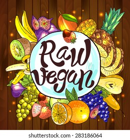 Beautiful hand drawn illustration fruits on the wood texture