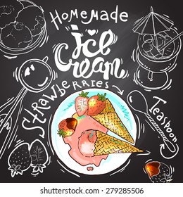 Beautiful hand drawn illustration homemade ice cream on the chalkboard background top view.Oll elements are in clipping mask.