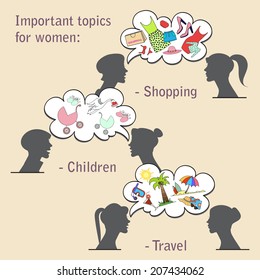 Beautiful hand drawn illustration with important topics for women. Illustration for use in design, made in vector