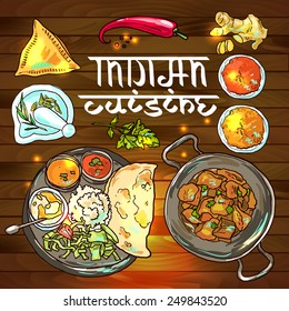 Beautiful Hand Drawn Illustration Indian Food Top View