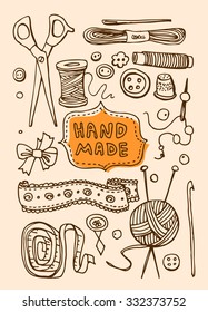 Beautiful hand drawn illustration hand made stuff. Doodle style.