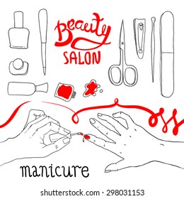 Beautiful hand drawn illustration manicure in beauty salon