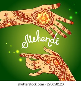 Beautiful hand drawn illustration mehendi on women's hands