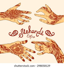 Beautiful hand drawn illustration mehendi on women's hands