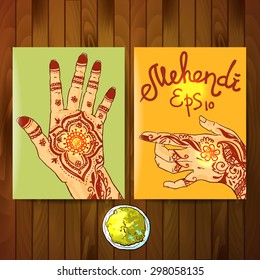 Beautiful hand drawn illustration mehendi on women's hands