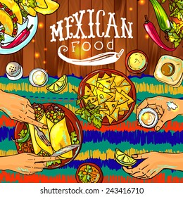 beautiful hand drawn illustration mexican food on the wood texture