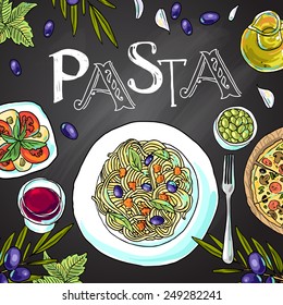 Beautiful hand drawn illustration pasta on the chalkboard top view