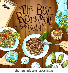 Beautiful hand drawn illustration restaurant food top view 