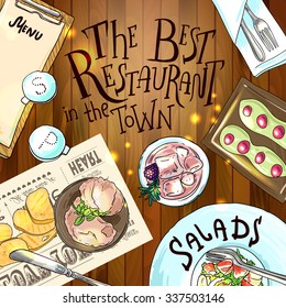 Beautiful hand drawn illustration restaurant food top view 