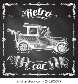 beautiful hand- drawn illustration retro car sketch on the chalkboard