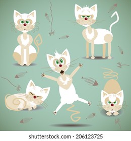 Beautiful hand drawn illustration with set of white cats. Illustration for use in design, made in vector