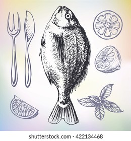 Beautiful hand drawn illustration sketch set of seafood with fish dorado, lemon, herds and fork