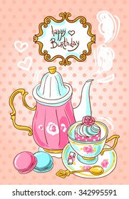 Beautiful hand drawn illustration tea and sweets for girls