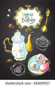 Beautiful hand drawn illustration tea and sweets for girls