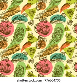 Beautiful hand drawn illustration vegetable. Sketch style drawing. Leaf salad, tomato, cherry tomato, broccoli.