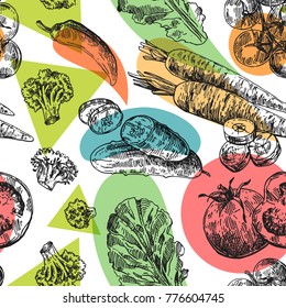 Beautiful hand drawn illustration vegetable. Sketch style drawing. Leaf salad, tomato, cherry tomato, broccoli.
