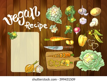 Beautiful hand drawn illustration vegetables. Food top view. Flat lay. Vegan recipe. Hand drawn vegan recipe. Beautiful vegan recipe. Hand drawn vegetables.