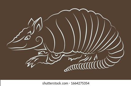 Beautiful hand drawn illustration with white armadillo linear silhouette on the brown background