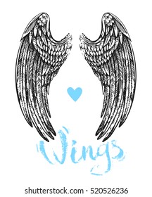 Beautiful hand drawn illustration with wings of bird. Us for card, poster, print for t-shirt, smart phone, handbag, music CD.