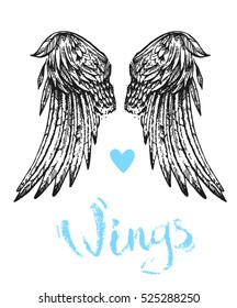 Beautiful hand drawn illustration with wings of bird. Us for card, poster, print for t-shirt, smart phone, handbag, music CD.