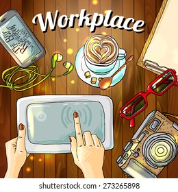beautiful hand drawn illustration workpace top view 